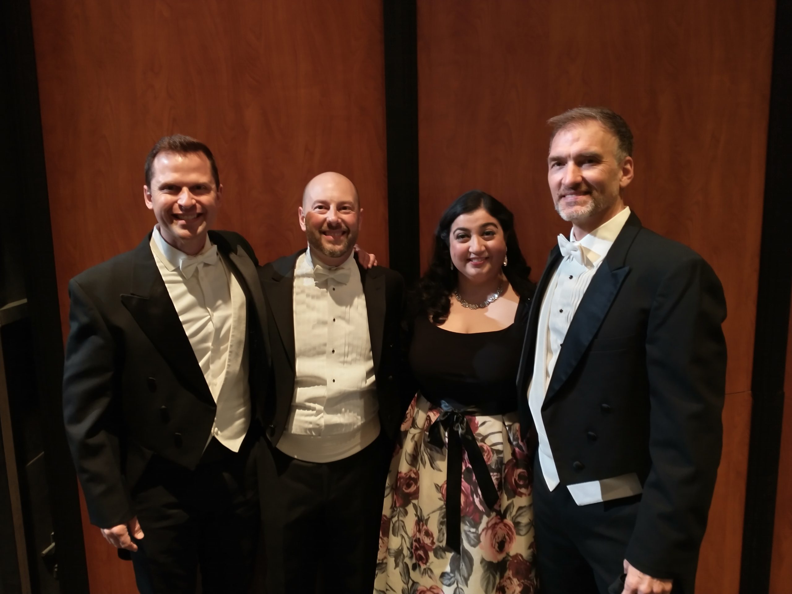 From left to right: Dann Coakwell, tenor; Joseph D’Eugenio, conductor; Sherezade Panthaki, soprano; Mark Womack, baritone